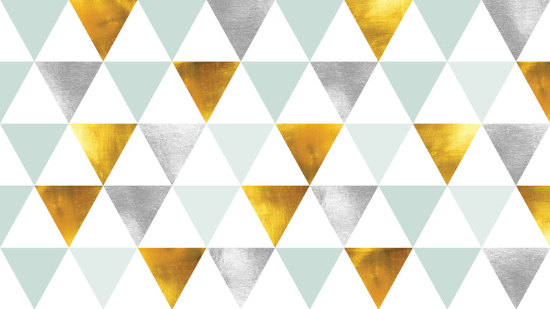 Triangle Geometric Abstract Pattern Wall Mural. Gold, Silver, Teal, Turquoise and White Color Pattern.