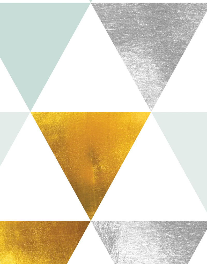 Triangle Geometric Abstract Pattern Wall Mural. Gold, Silver, Teal, Turquoise and White Color Pattern.