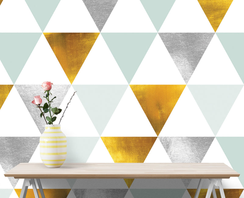 Triangle Geometric Abstract Pattern Wall Mural. Gold, Silver, Teal, Turquoise and White Color Pattern.