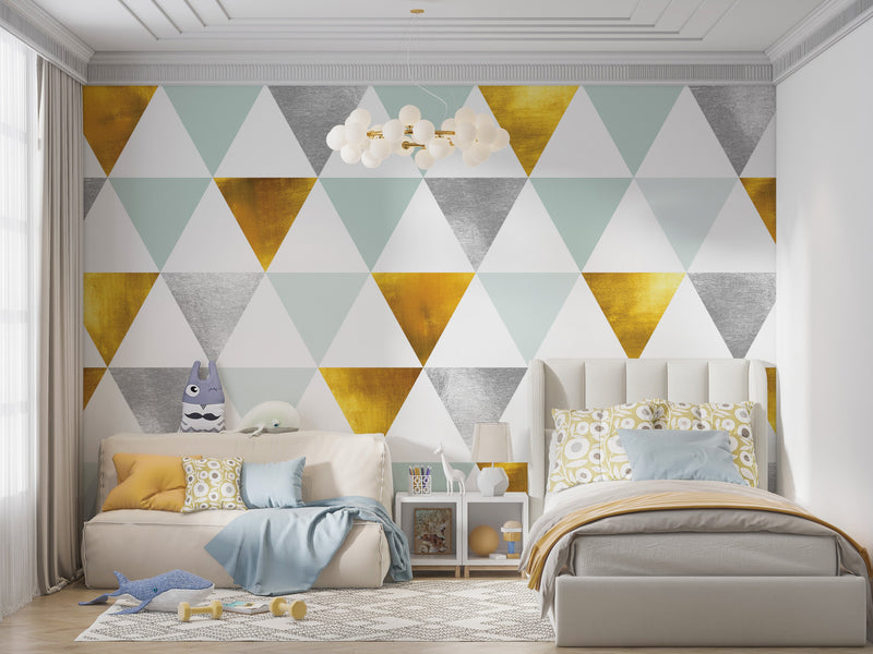 Triangle Geometric Abstract Pattern Wall Mural. Gold, Silver, Teal, Turquoise and White Color Pattern.