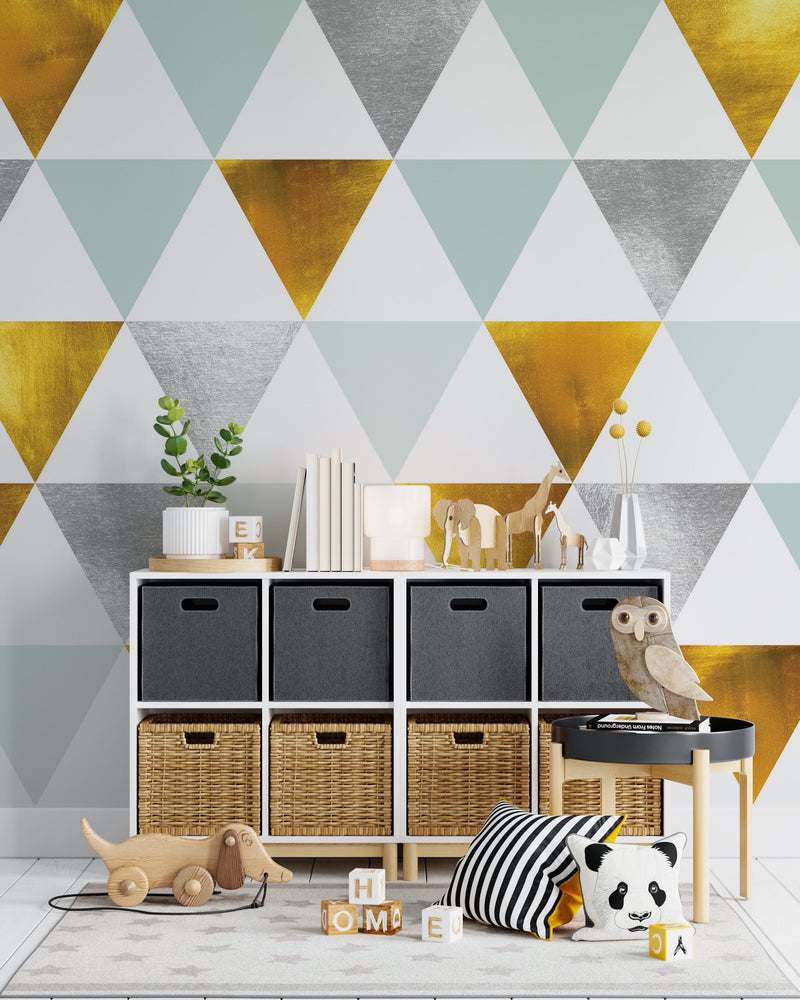 Triangle Geometric Abstract Pattern Wall Mural. Gold, Silver, Teal, Turquoise and White Color Pattern.