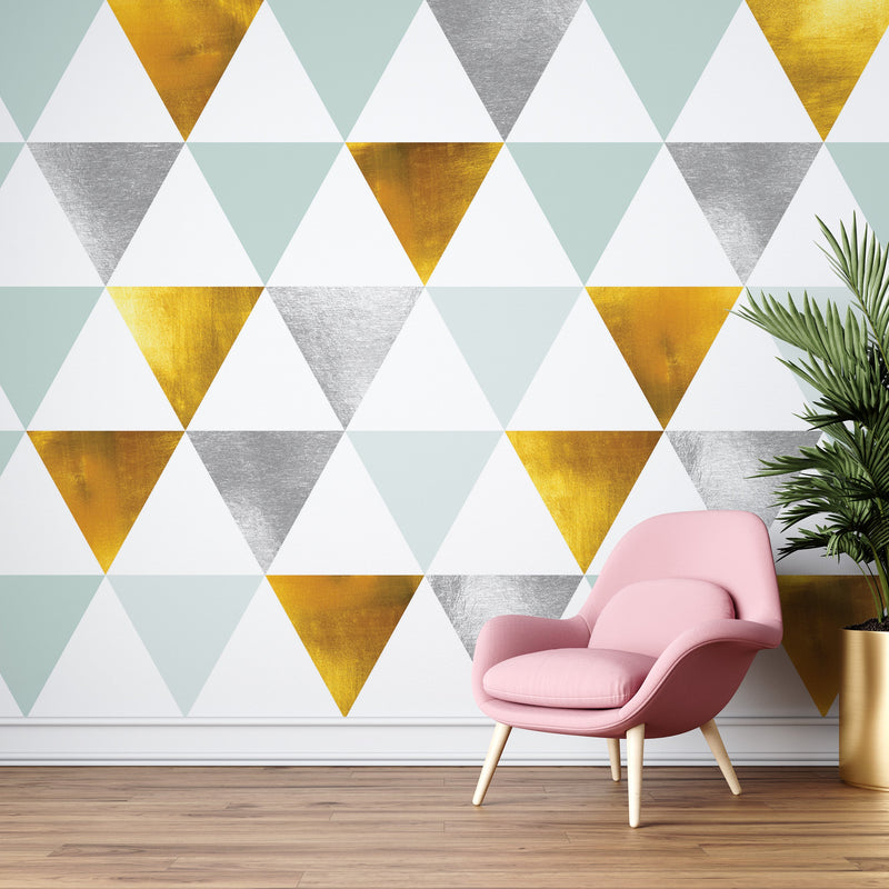 Triangle Geometric Abstract Pattern Wall Mural. Gold, Silver, Teal, Turquoise and White Color Pattern.