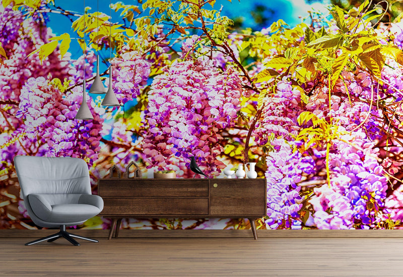 Colorful Purple Wisteria Flower Wall Mural. Peel and Stick Wallpaper.