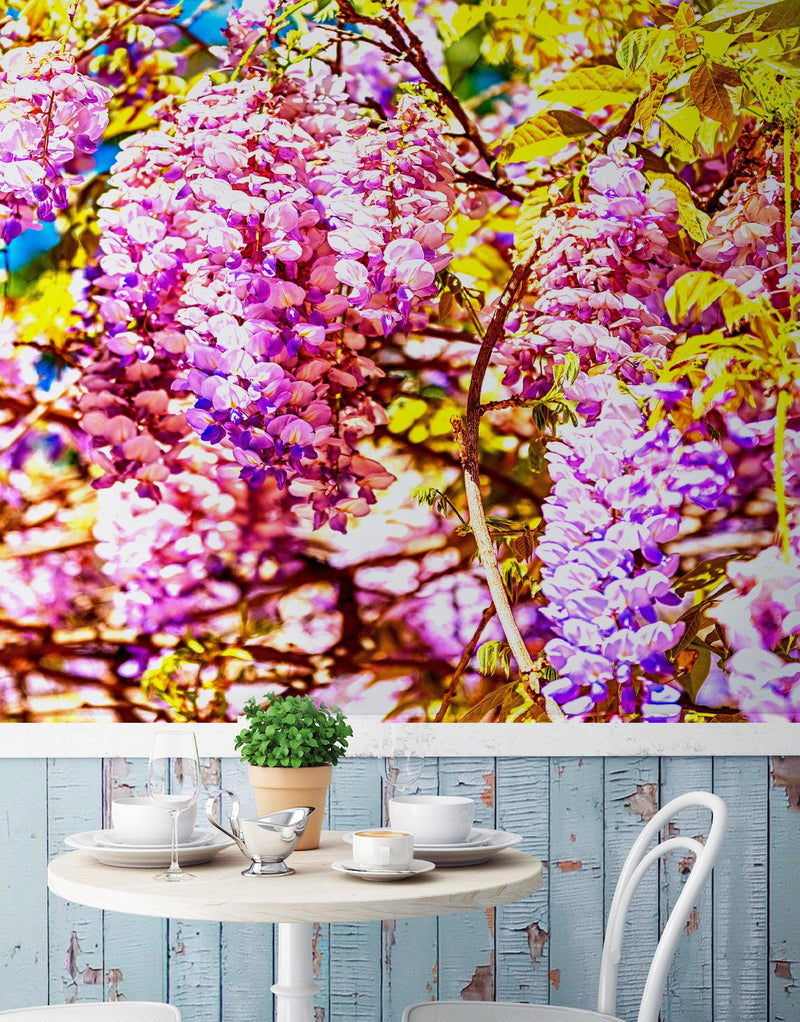 Colorful Purple Wisteria Flower Wall Mural. Peel and Stick Wallpaper.