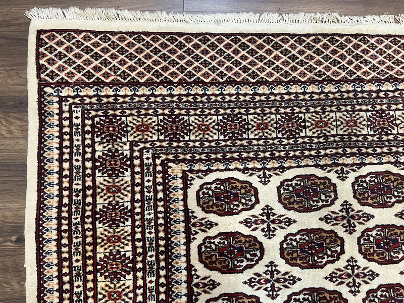 Pakistani Turkoman Rug 6x9, Cream and Red Hand Knotted Wool Oriental Carpet, Yamud Rug, Tribal Rug 6 x 9, Bohemian Area Rug, Bokhara Rug