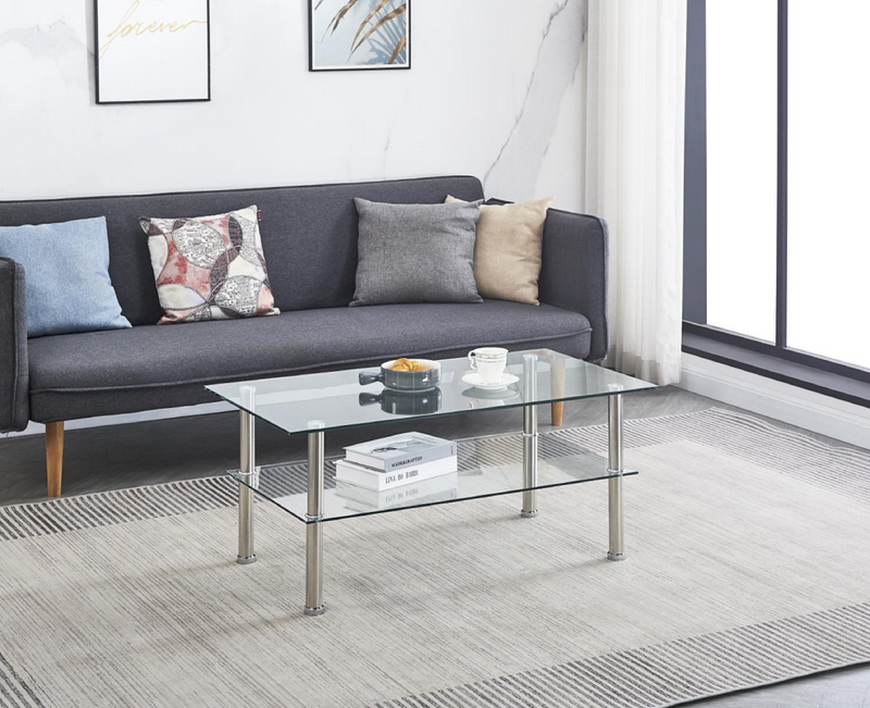 2-Layer Space Coffee Table, Modern Sofa table with Storage Shelve for Living Room Silver
