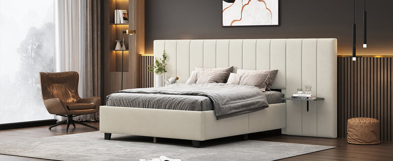 Walker Edison - Full Size Upholstered Platform Bed with Big Headboard, Bedroom Furniture, Velvet, Beige