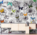 Butterflies in Flower Garden Wall Mural. Retro Black and White Illustration Floral Design.