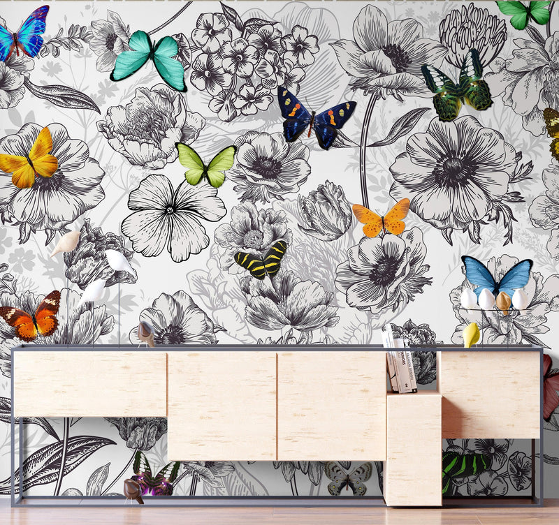 Butterflies in Flower Garden Wall Mural. Retro Black and White Illustration Floral Design.