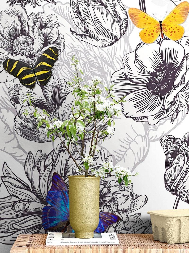 Butterflies in Flower Garden Wall Mural. Retro Black and White Illustration Floral Design.