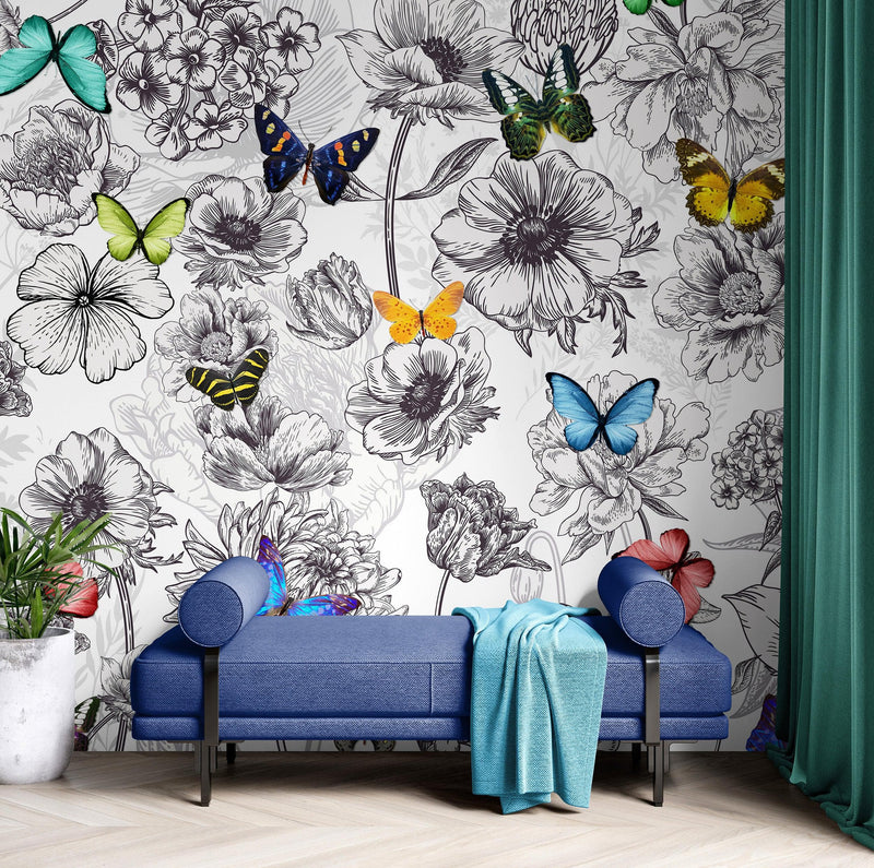 Butterflies in Flower Garden Wall Mural. Retro Black and White Illustration Floral Design.