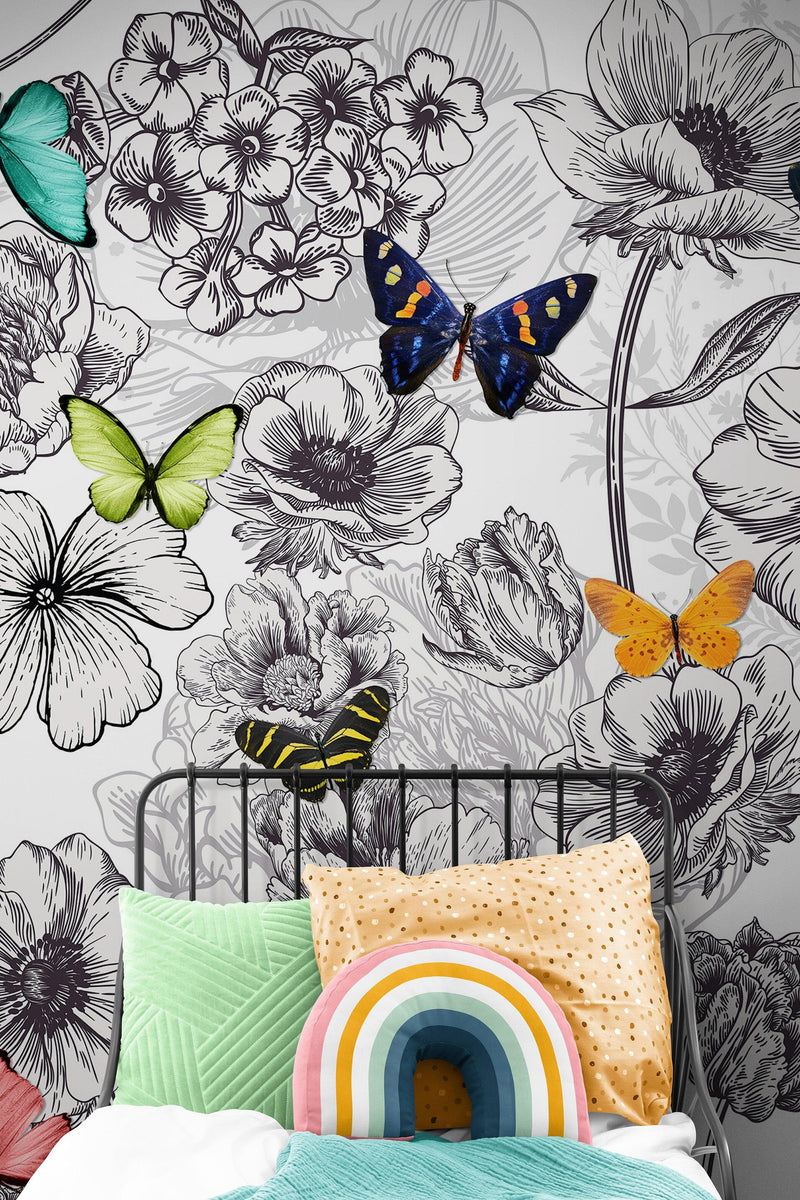 Butterflies in Flower Garden Wall Mural. Retro Black and White Illustration Floral Design.