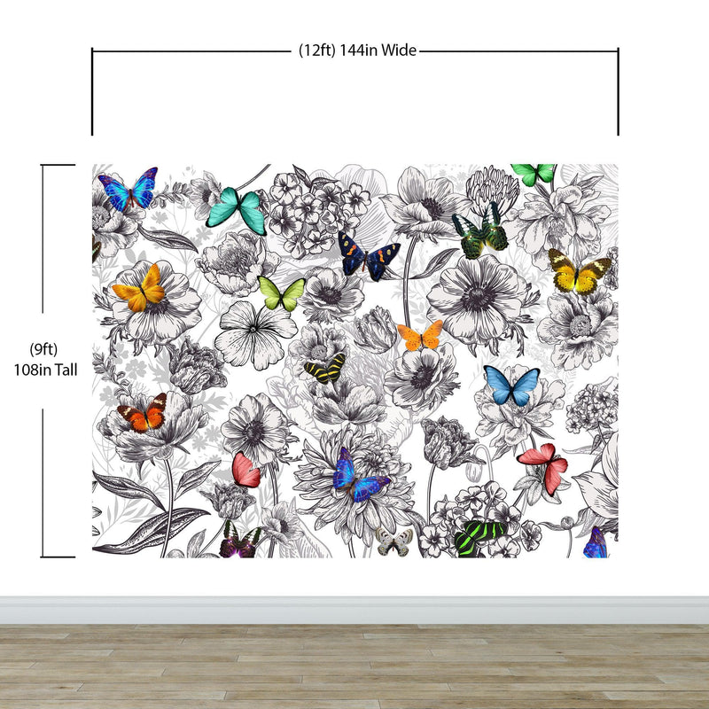 Butterflies in Flower Garden Wall Mural. Retro Black and White Illustration Floral Design.