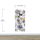 Butterflies in Flower Garden Wall Mural. Retro Black and White Illustration Floral Design.