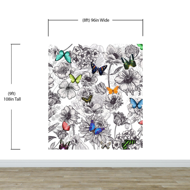 Butterflies in Flower Garden Wall Mural. Retro Black and White Illustration Floral Design.