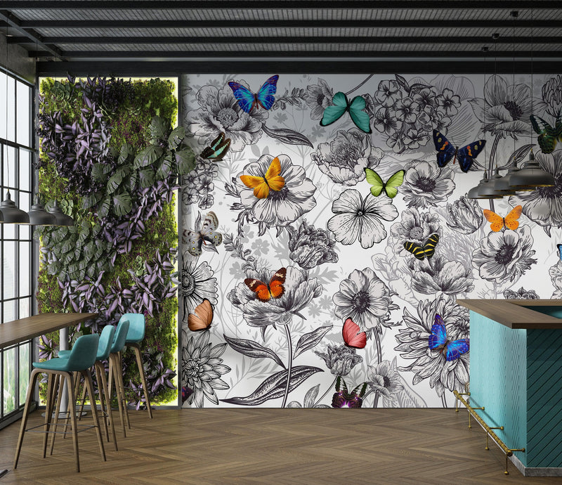 Butterflies in Flower Garden Wall Mural. Retro Black and White Illustration Floral Design.