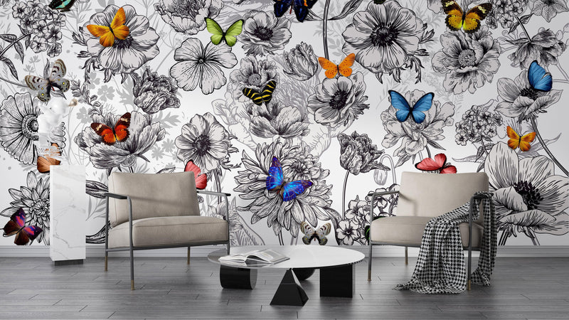 Butterflies in Flower Garden Wall Mural. Retro Black and White Illustration Floral Design.