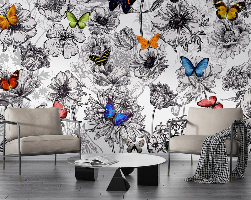 Butterflies in Flower Garden Wall Mural. Retro Black and White Illustration Floral Design.