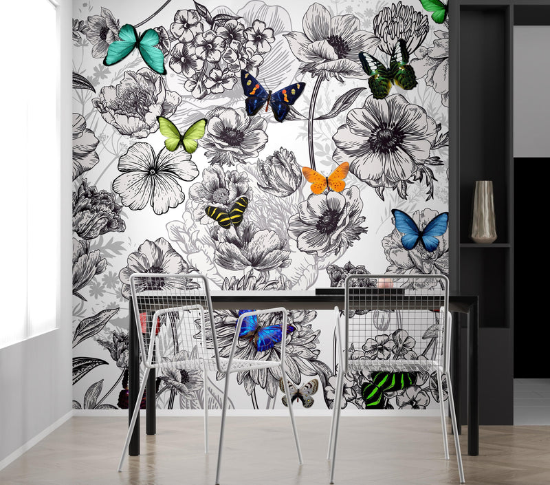 Butterflies in Flower Garden Wall Mural. Retro Black and White Illustration Floral Design.