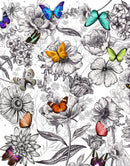 Butterflies in Flower Garden Wall Mural. Retro Black and White Illustration Floral Design.