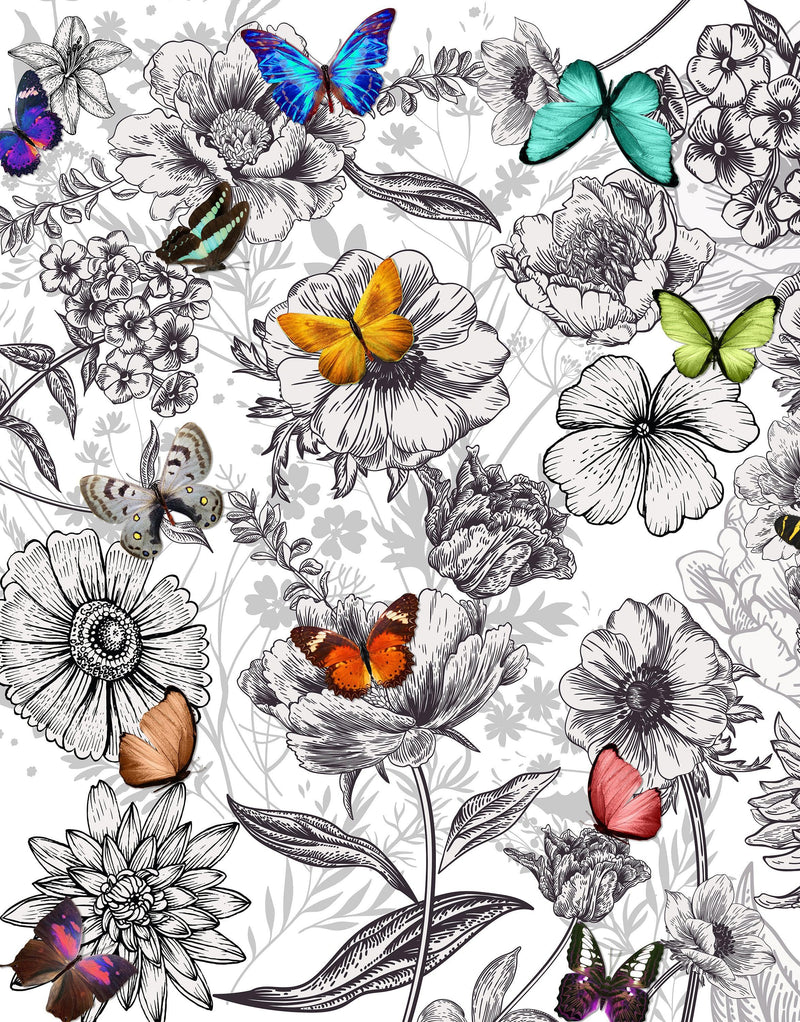 Butterflies in Flower Garden Wall Mural. Retro Black and White Illustration Floral Design.