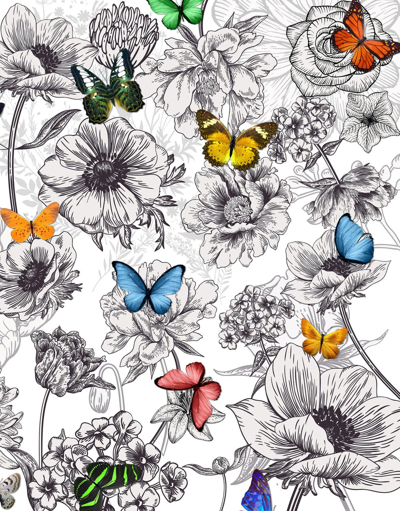 Butterflies in Flower Garden Wall Mural. Retro Black and White Illustration Floral Design.