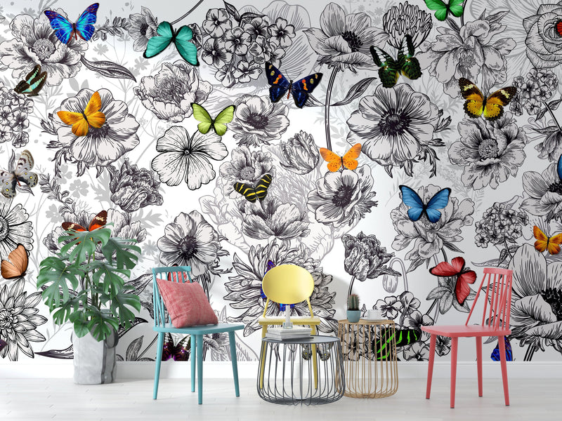 Butterflies in Flower Garden Wall Mural. Retro Black and White Illustration Floral Design.