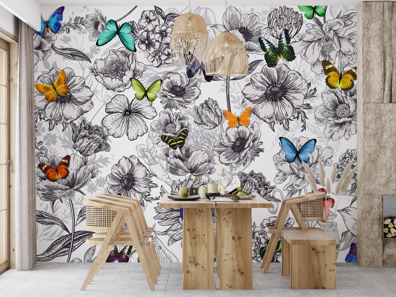 Butterflies in Flower Garden Wall Mural. Retro Black and White Illustration Floral Design.