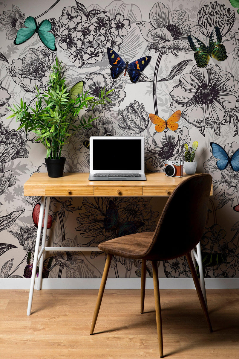 Butterflies in Flower Garden Wall Mural. Retro Black and White Illustration Floral Design.