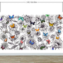 Butterflies in Flower Garden Wall Mural. Retro Black and White Illustration Floral Design.