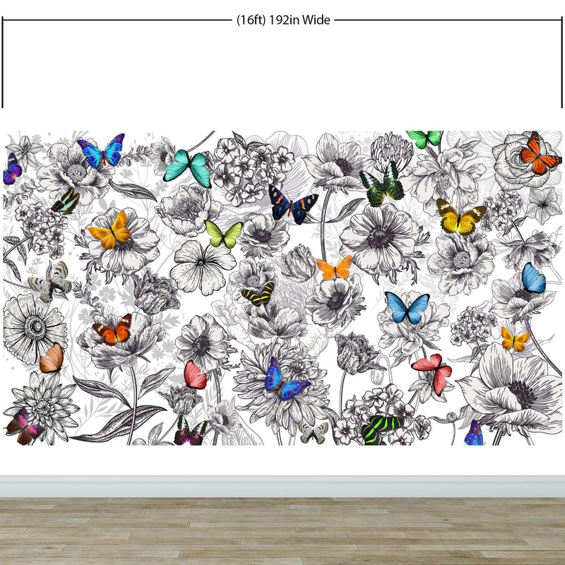 Butterflies in Flower Garden Wall Mural. Retro Black and White Illustration Floral Design.