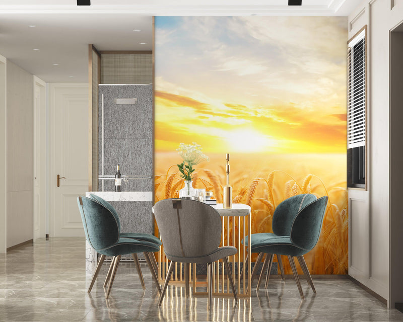 Sunset Sunrise over Farmland Wheat Field Wall Mural. Peel and Stick Wall Paper.