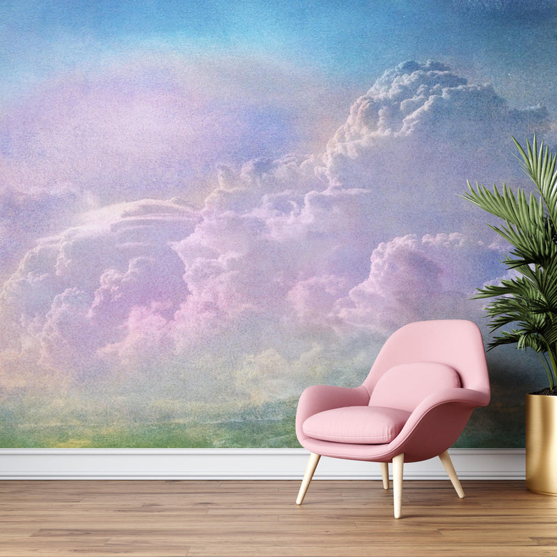 Cloudy Sky View Wall Mural. Abstract Grunge, Scratches and Grainy Design. Peel and Stick Wallpaper.