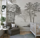 Vintage Forest Trees Wall Mural. Monochrome Abstract Sketched Art Design. Peel and Stick Wallpaper | Removable Wall Mural.