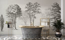 Vintage Forest Trees Wall Mural. Monochrome Abstract Sketched Art Design. Peel and Stick Wallpaper | Removable Wall Mural.