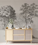 Vintage Forest Trees Wall Mural. Monochrome Abstract Sketched Art Design. Peel and Stick Wallpaper | Removable Wall Mural.
