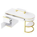 60"Modern Executive Desk,White Curved Computer Desk with Gold Metal Legs,3-Drawers Home Office Desk,Writing Desk with 1 Storage Cabinet for Home Office,Living Room,Gold+White