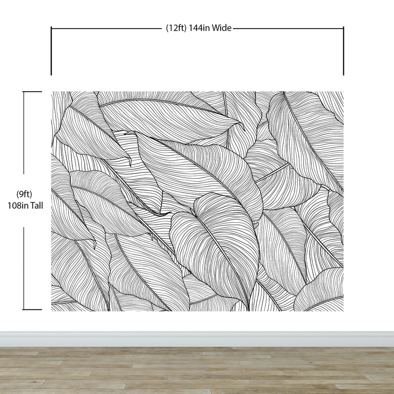 Banana Leaves Wallpaper, Palm Leaves Line Art Pattern Peel and Stick Wall Mural.