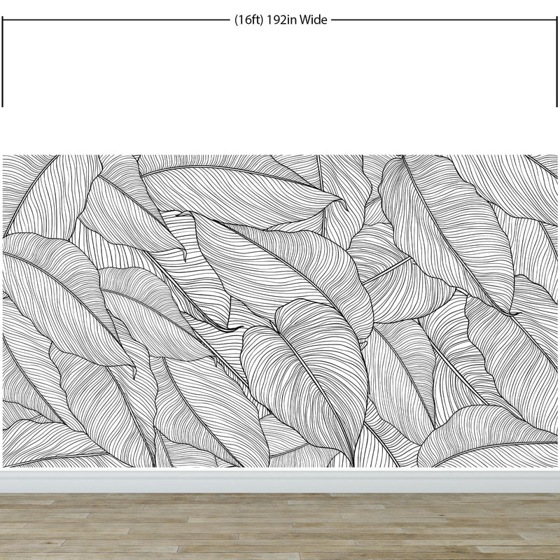 Banana Leaves Wallpaper, Palm Leaves Line Art Pattern Peel and Stick Wall Mural.