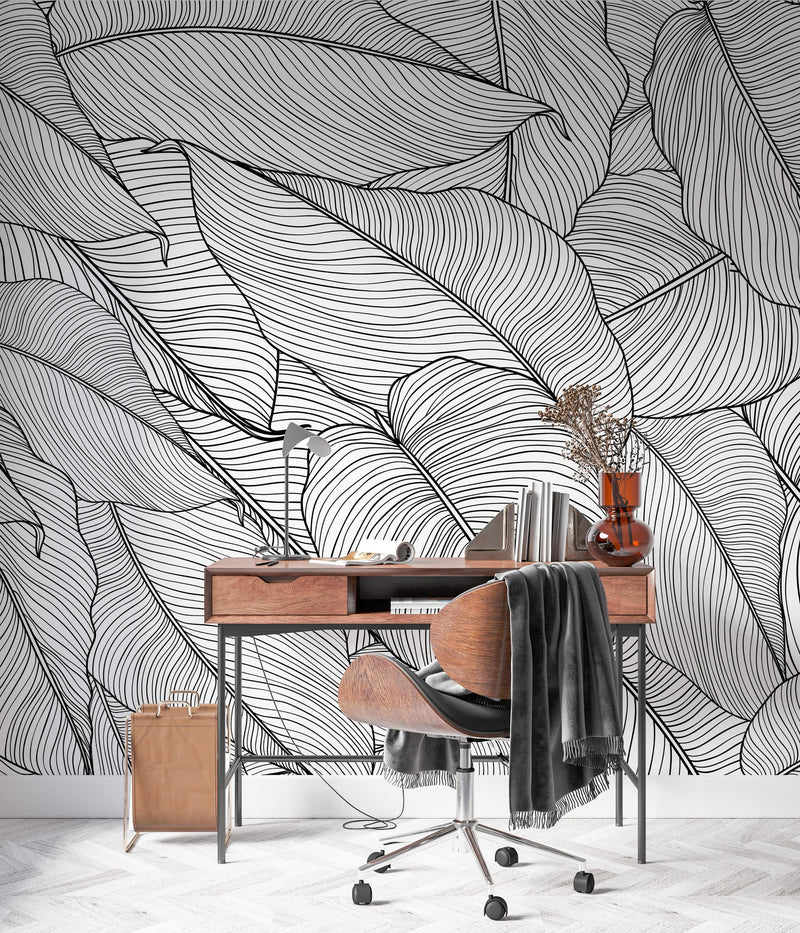 Banana Leaves Wallpaper, Palm Leaves Line Art Pattern Peel and Stick Wall Mural.