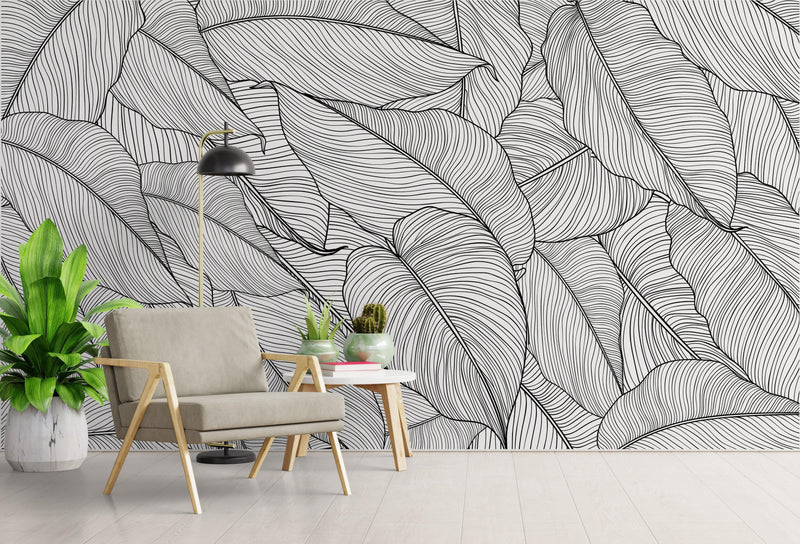 Banana Leaves Wallpaper, Palm Leaves Line Art Pattern Peel and Stick Wall Mural.