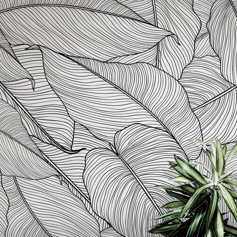 Banana Leaves Wallpaper, Palm Leaves Line Art Pattern Peel and Stick Wall Mural.