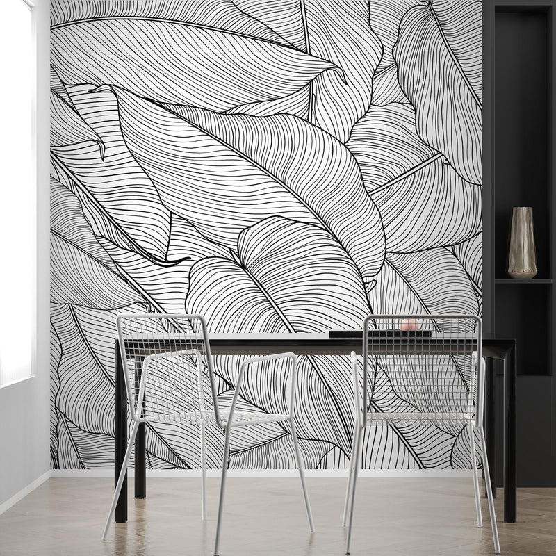 Banana Leaves Wallpaper, Palm Leaves Line Art Pattern Peel and Stick Wall Mural.