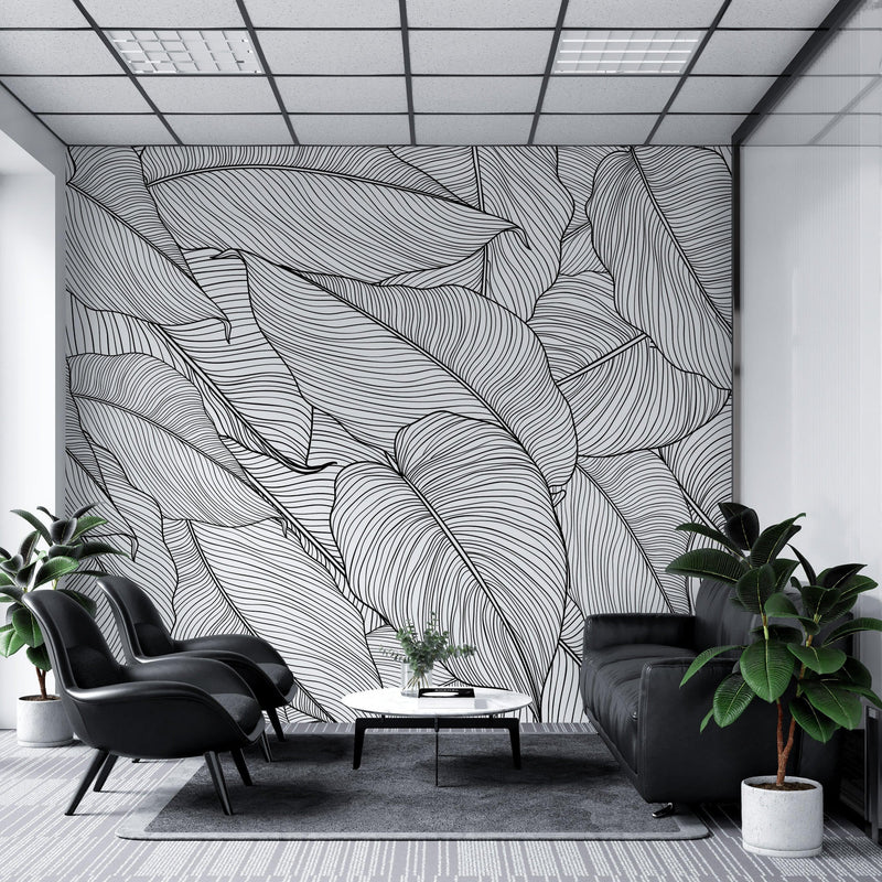 Banana Leaves Wallpaper, Palm Leaves Line Art Pattern Peel and Stick Wall Mural.