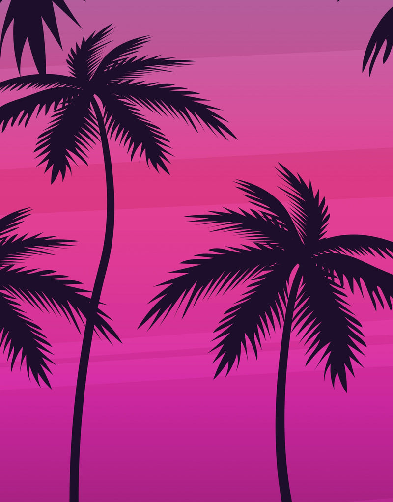 Miami Tropical Palm Tree Illustration Vice Color Sunset Wall Mural. Bright Miami Vice Blue and Fuchsia Colors.