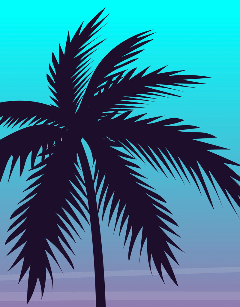 Miami Tropical Palm Tree Illustration Vice Color Sunset Wall Mural. Bright Miami Vice Blue and Fuchsia Colors.