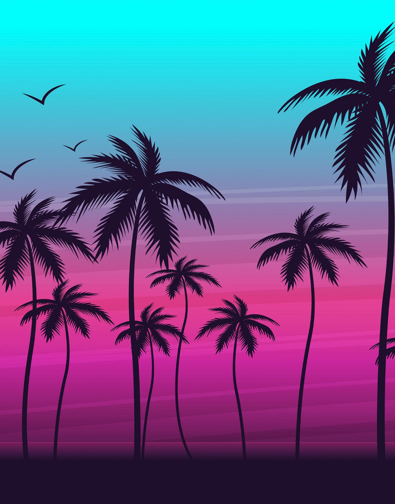 Miami Tropical Palm Tree Illustration Vice Color Sunset Wall Mural. Bright Miami Vice Blue and Fuchsia Colors.