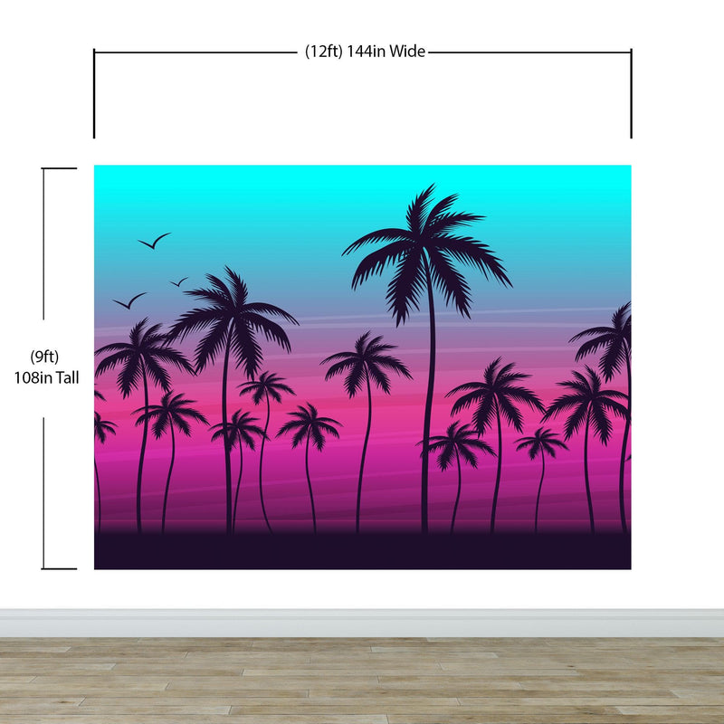 Miami Tropical Palm Tree Illustration Vice Color Sunset Wall Mural. Bright Miami Vice Blue and Fuchsia Colors.