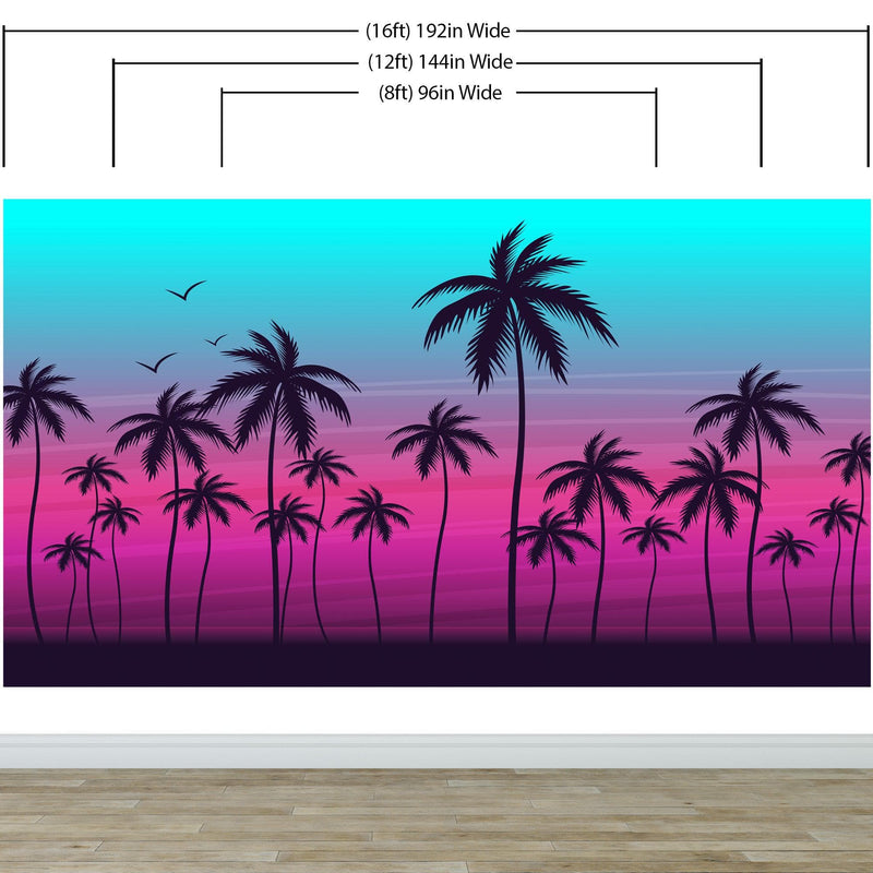 Miami Tropical Palm Tree Illustration Vice Color Sunset Wall Mural. Bright Miami Vice Blue and Fuchsia Colors.