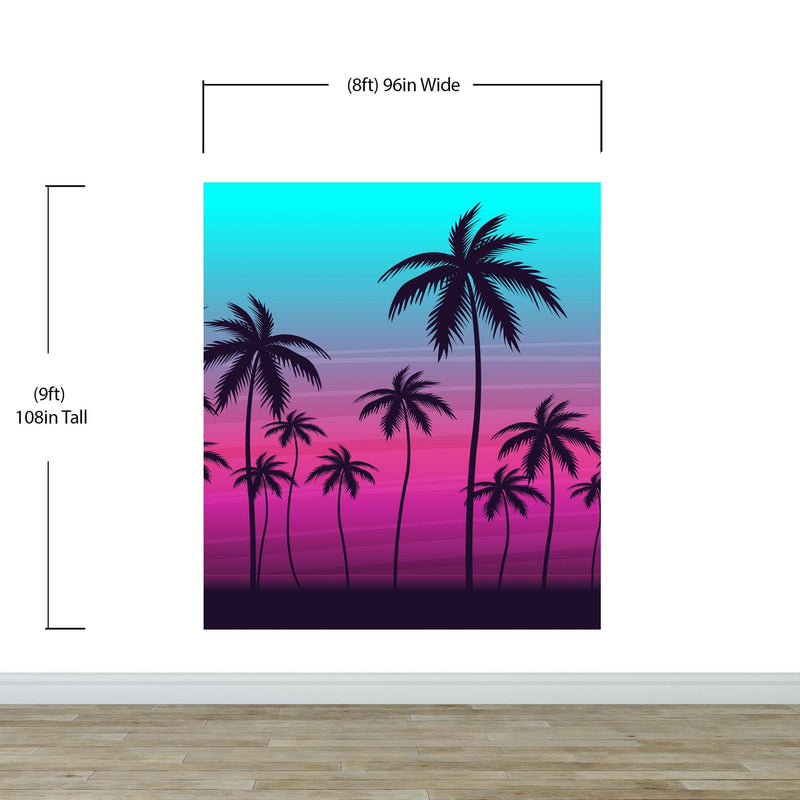 Miami Tropical Palm Tree Illustration Vice Color Sunset Wall Mural. Bright Miami Vice Blue and Fuchsia Colors.